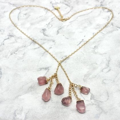 Gold Chain with 6 Gem Rose Quartz Drop Charms