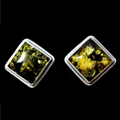 Green Amber & Silver Stud Earings - Square 16mm