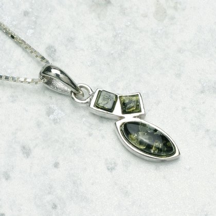 Green Amber Crystal Pendant & Silver Chain - 25mm
