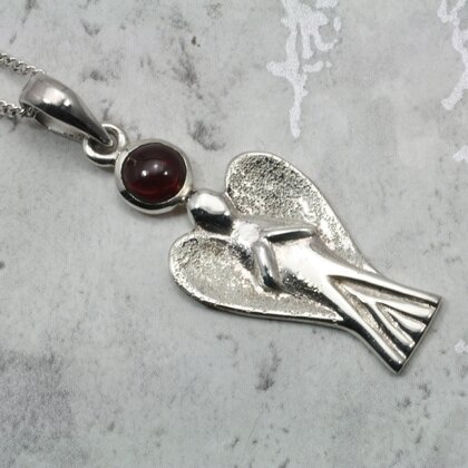 Guardian Angel Silver Pendant with Garnet Stone - 35mm