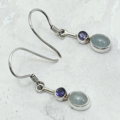 Iolite & Chalcedony 925 Silver Drop Earrings ~23mm
