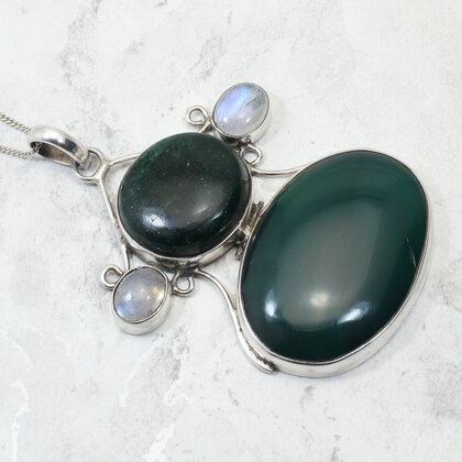 Jade & Moonstone 925 Silver Pendant ~60mm