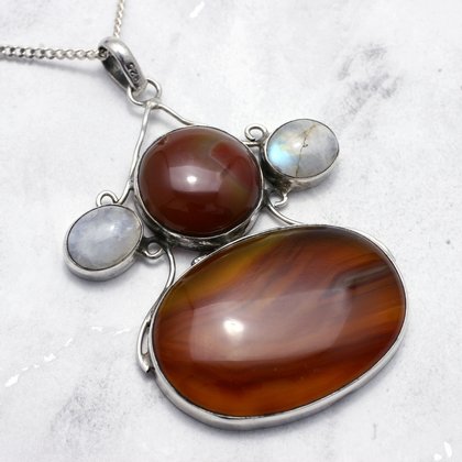 Large Carnelian and Moonstone Four Stone Pendant set in .925 Silver