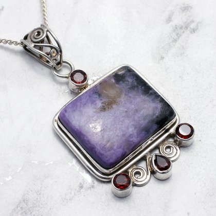 Large Charoite and Garnet Four Stone Pendant set in .925 Silver
