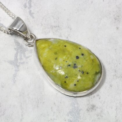 Lizardite Teardrop 925 Silver Pendant ~25mm