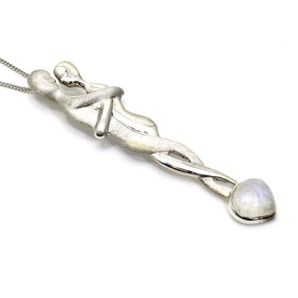 Lovers 925 Antique Silver Pendant with Moonstone Stone ~70mm
