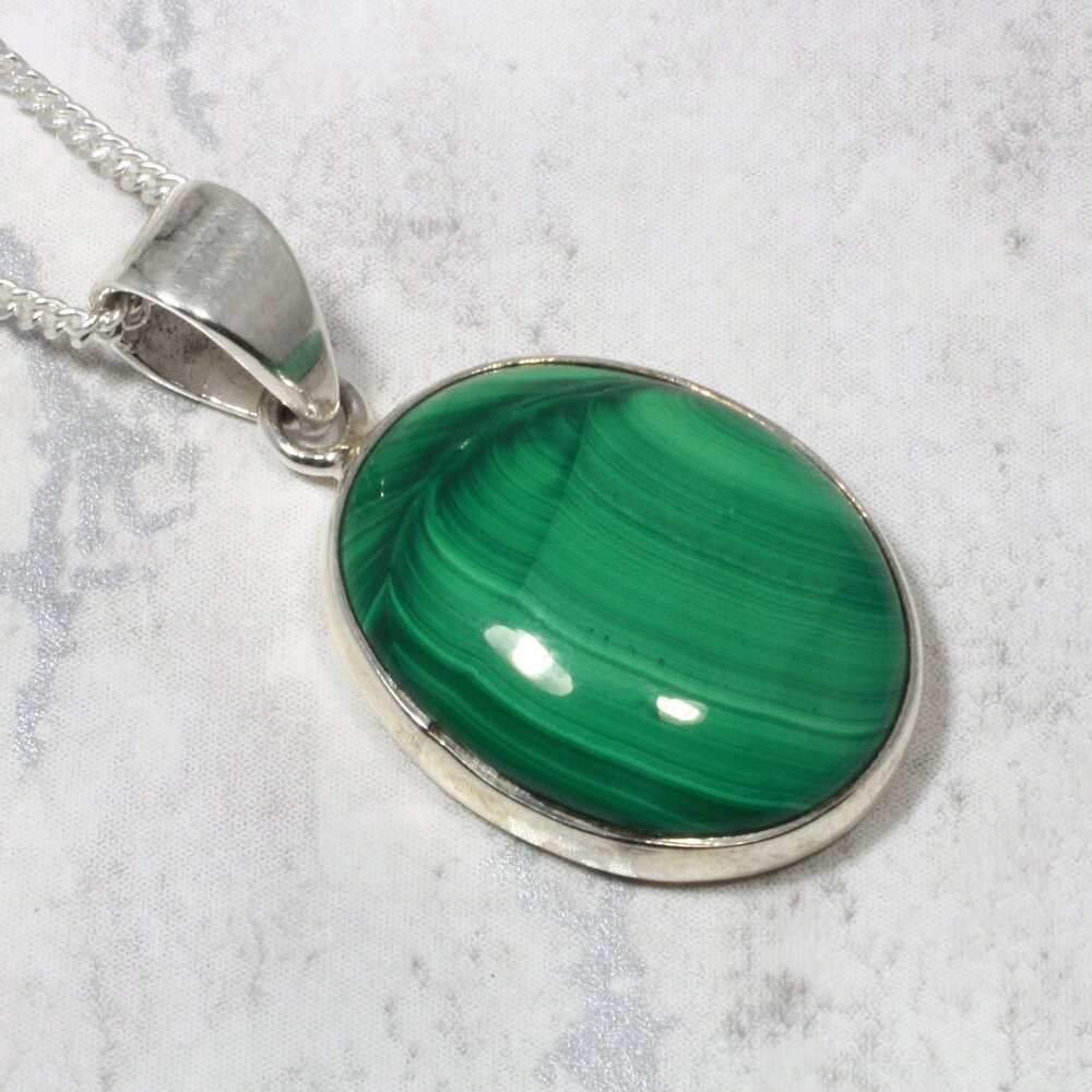 •MALACHITE - WIRE WRAPPED OVAL• sterling silver pendant