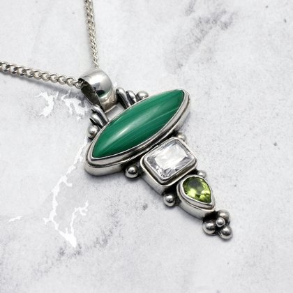 Malachite, Quartz & Peridot Triple Stone Pendant set in .925 Silver