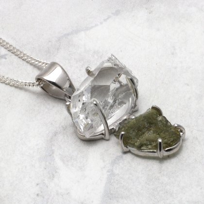 Mini Moldavite & Herkimer Diamond Silver Pendant ~29mm