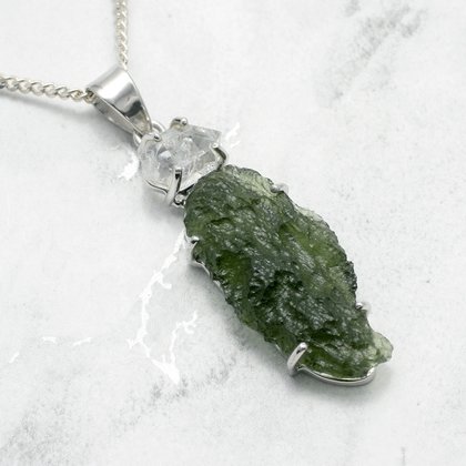 Moldavite and Herkimer Diamond Double Pendant set in .925 Silver