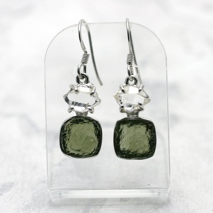 Moldavite & Herkimer Diamond Silver Earrings ~18mm