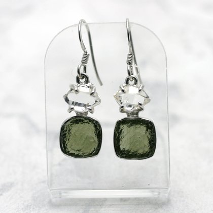 Moldavite & Herkimer Diamond Silver Earrings ~18mm