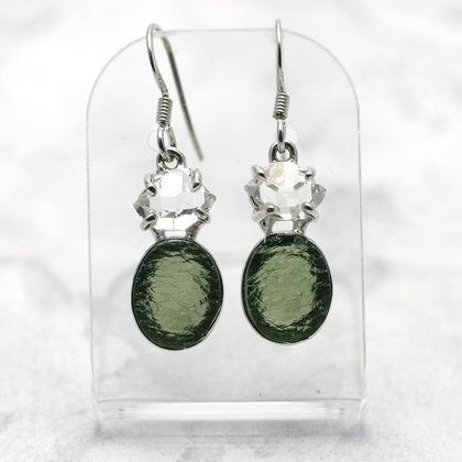 Moldavite & Herkimer Diamond Silver Earrings ~20mm