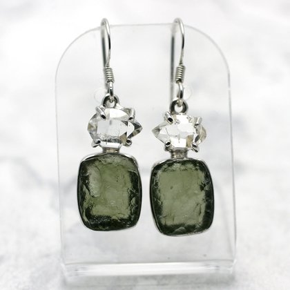 Moldavite & Herkimer Diamond Silver Earrings ~21mm