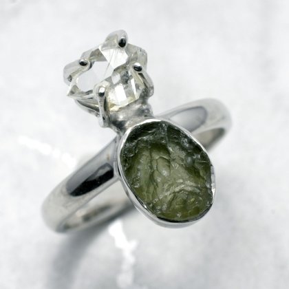 Moldavite & Herkimer Diamond Silver Oval Ring US 7 UK O