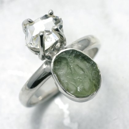 Moldavite & Herkimer Diamond Silver Oval Ring US 8 UK Q