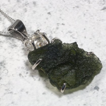 Moldavite & Herkimer Diamond Silver Pendant ~29mm