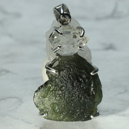 Moldavite & Herkimer Diamond Silver Pendant ~32mm