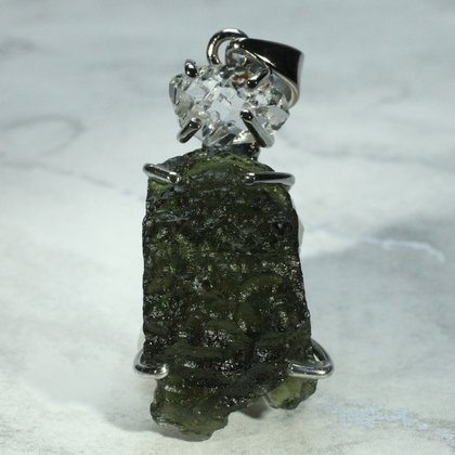 Moldavite & Herkimer Diamond Silver Pendant ~33mm