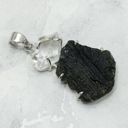 Moldavite & Herkimer Diamond Silver Pendant ~35mm
