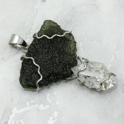 Moldavite & Herkimer Diamond Silver Pendant ~44mm