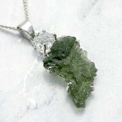 Moldavite & Herkimer Diamond Silver Pendant