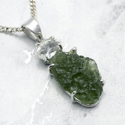 Moldavite & Herkimer Diamond Silver Pendant