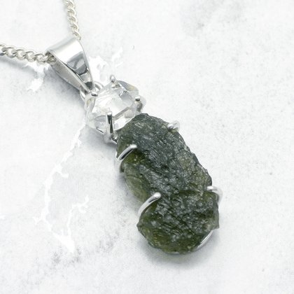 Moldavite & Herkimer Diamond Silver Pendant