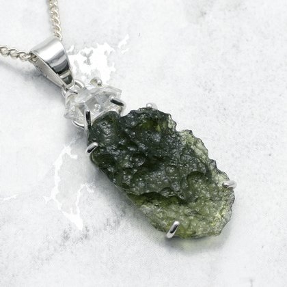 Moldavite & Herkimer Diamond Silver Pendant