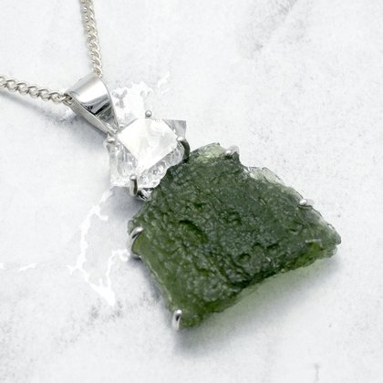 Moldavite & Herkimer Diamond Silver Pendant