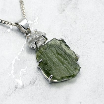 Moldavite & Herkimer Diamond Silver Pendant