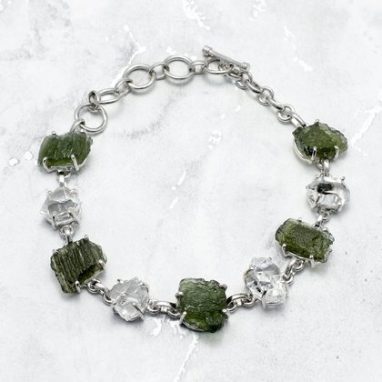 Moldavite & Herkimer Silver Freeform Bracelet (Length 22cm)