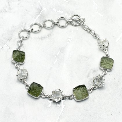 Moldavite & Herkimer Silver Square Bracelet (Length 23cm)