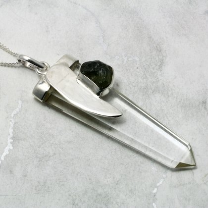 Moldavite & Quartz Point Silver Pendant  ~51mm