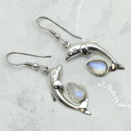 Moonstone 925 Silver Dolphin Drop Earrings ~29mm#