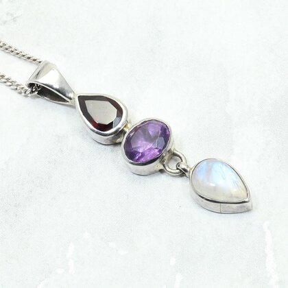 Moonstone, Amethyst & Garnet 925 Silver Pendant ~40mm