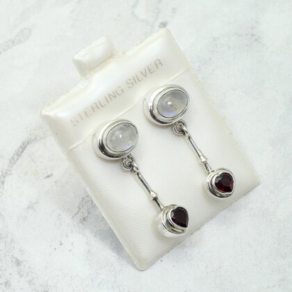 Moonstone & Garnet 925 Silver Heart Drop Earrings ~32mm