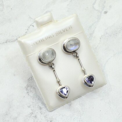 Moonstone & Iolite 925 Silver Heart Drop Earrings ~31mm