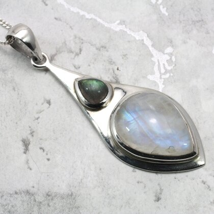 Moonstone & Labradorate 925 Silver Pendant ~50mm