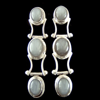Moonstone & Silver Stud Earrings - Triple Stone 45mm
