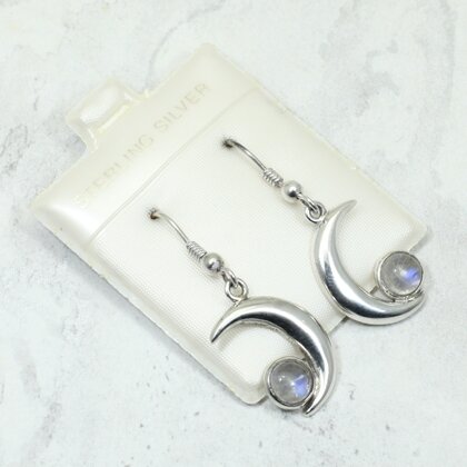 Moonstone Cresent Moon 925 Silver Drop Earrings ~22mm