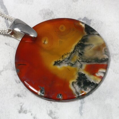 Moss Agate & Carnelian Circle 925 Silver Pendant ~30mm