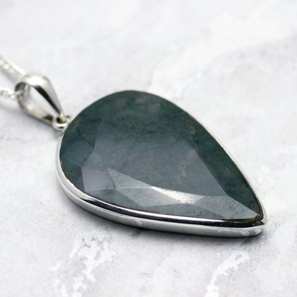 Moss Agate & Silver Faceted Pendant ~41mm