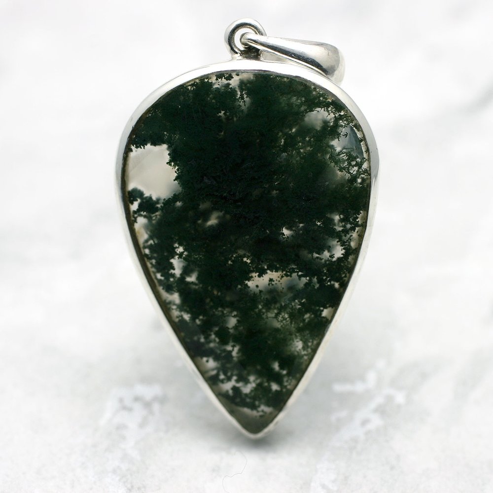Agate Jewellery | Moss Agate & Silver Faceted Pendant ~41mm