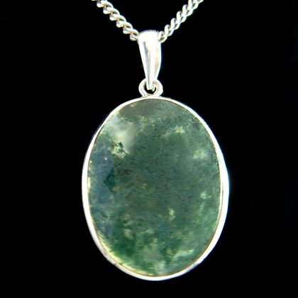 Moss Agate & Silver Pendant - Oval 30mm