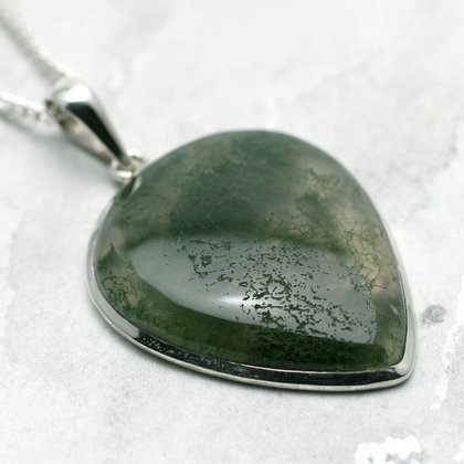 Moss Agate & Silver Pendant ~35mm