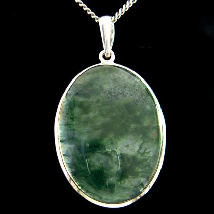 Moss Agate & Silver Pendant - Oval 38mm