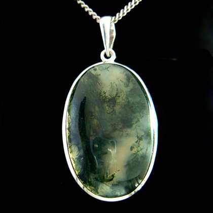 Moss Agate & Silver Pendant - Oval 38mm