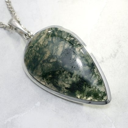 Moss Agate & Silver Teardrop Pendant ~ 40mm