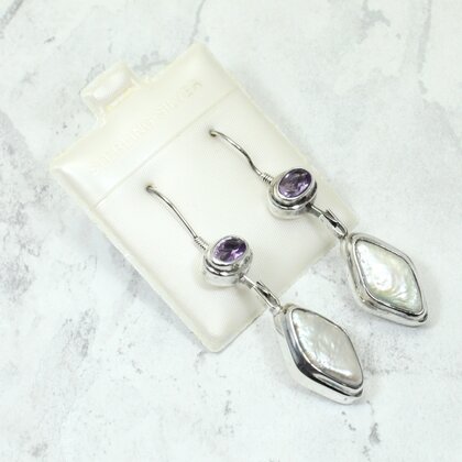 Mother of Pearl & Faceted Amethyst 925 Silver Drop Earrings ~37mm